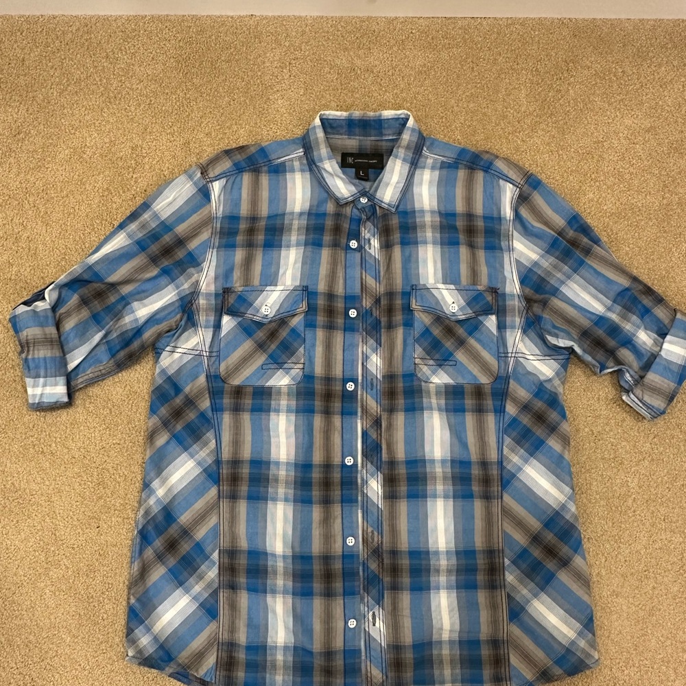INC International Concepts Blue and Gray Plaid Shirt